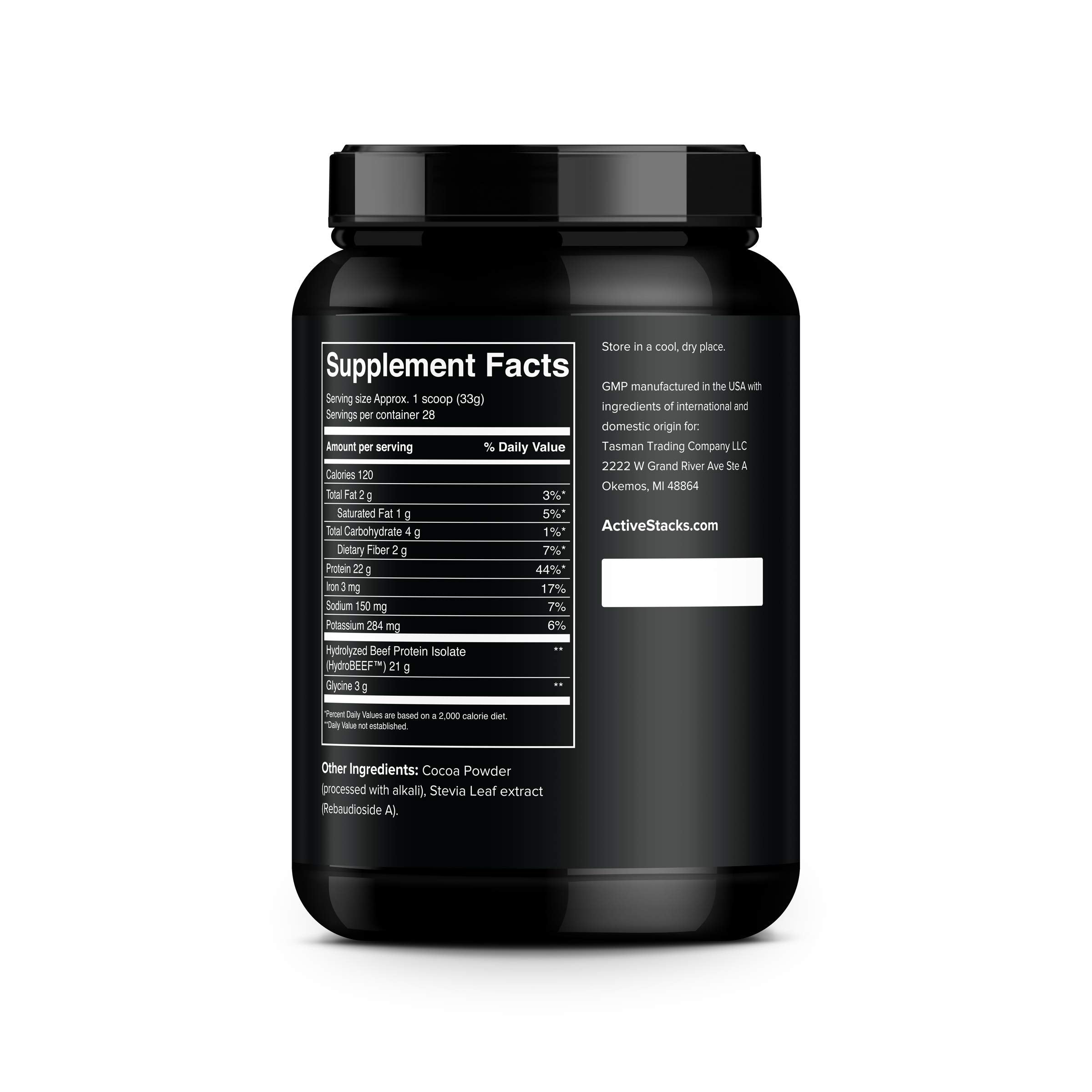 Active Stacks Beef Protein Isolate shake glass, chocolate flavor, ideal meal replacement.