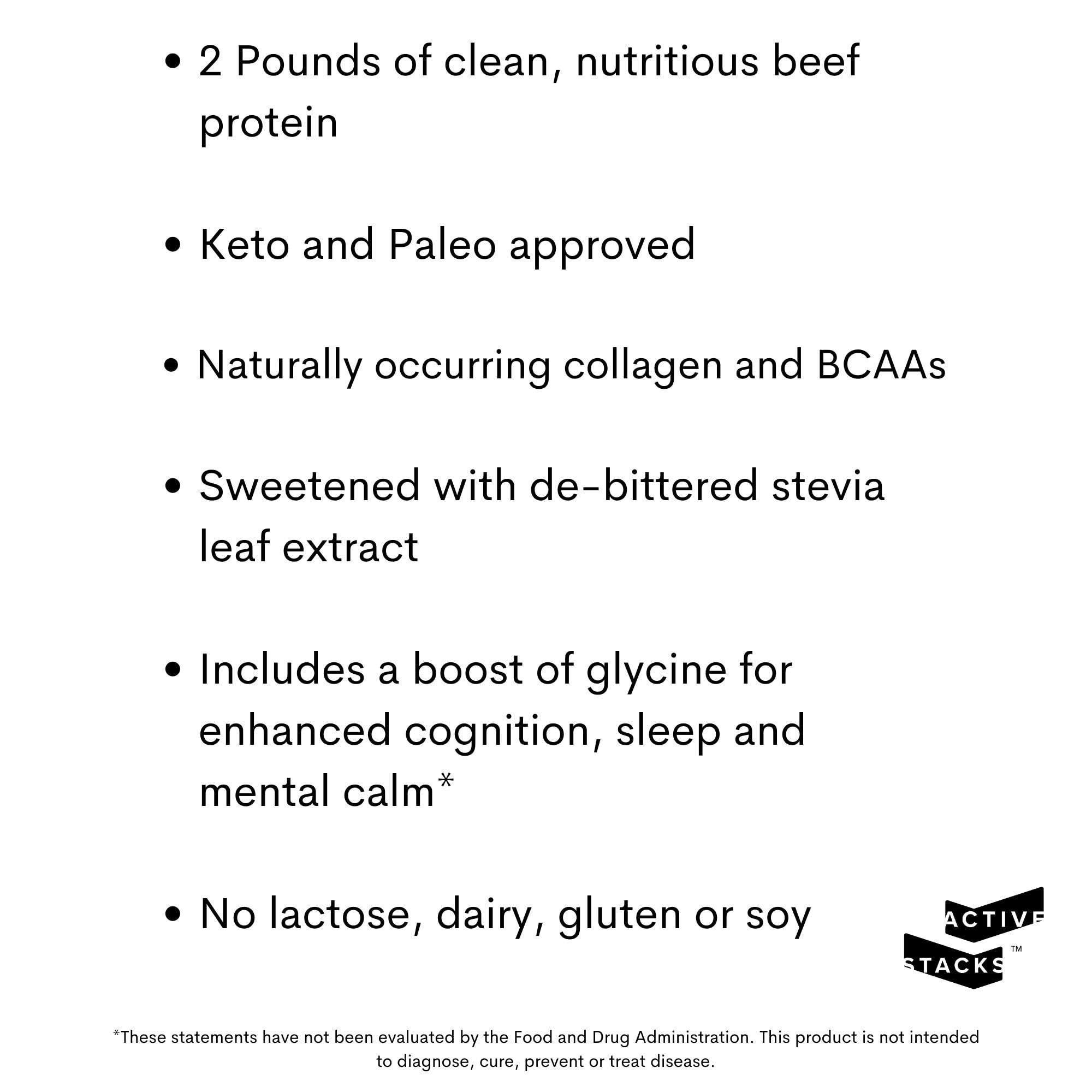 Active Stacks Beef Protein Isolate ingredients pack, four clean ingredients for low-carb diets.