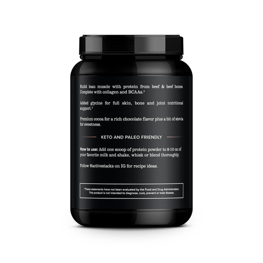 Active Stacks Beef Protein Isolate pour, chocolate shake for keto-friendly fueling.
