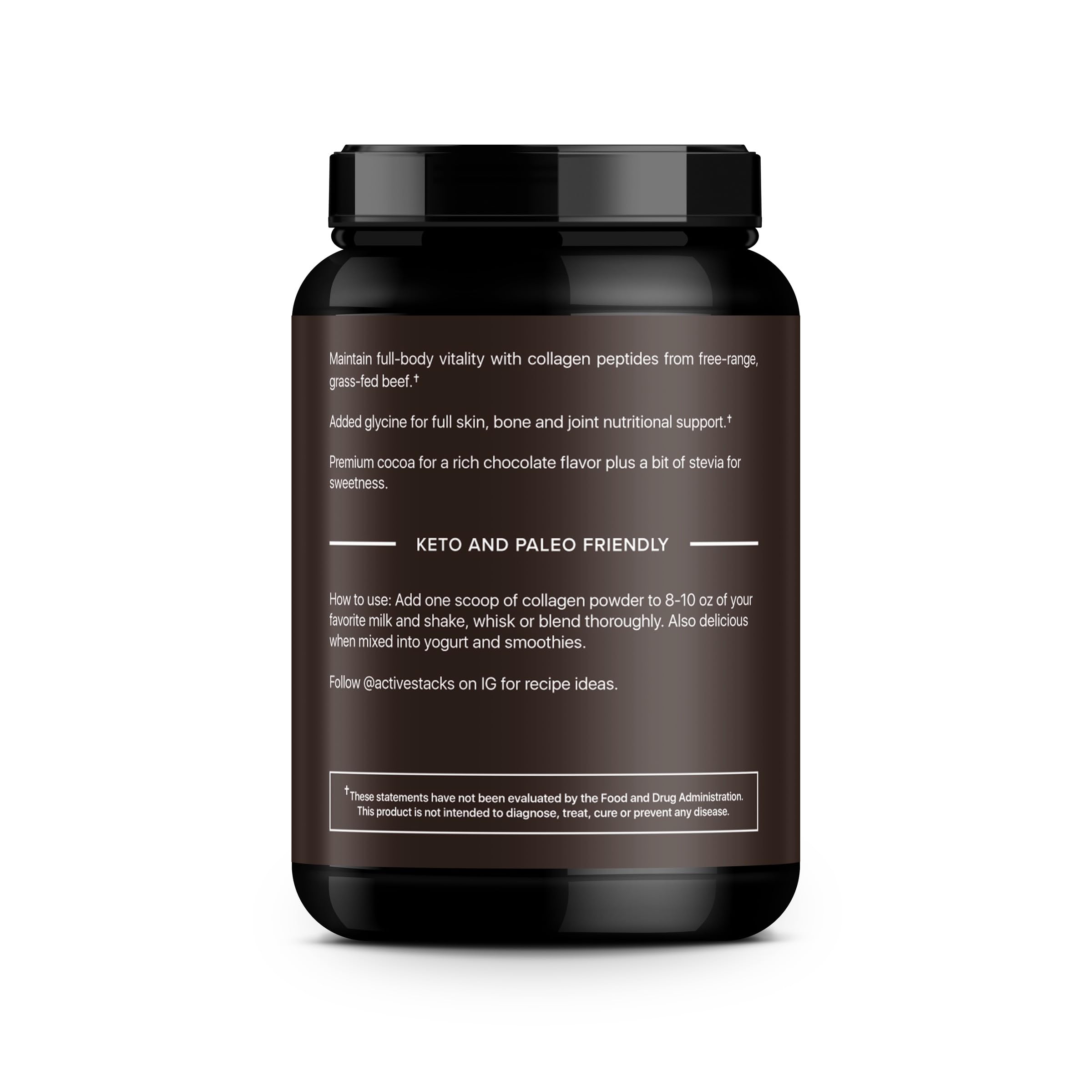 Active Stacks collagen peptides chocolate powder being poured into coffee for a smooth boost