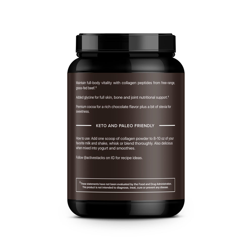 Active Stacks collagen peptides chocolate powder being poured into coffee for a smooth boost