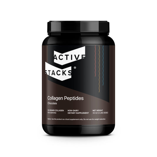 Active Stacks collagen peptides chocolate powder in tub with rich flavor and dairy-free formula