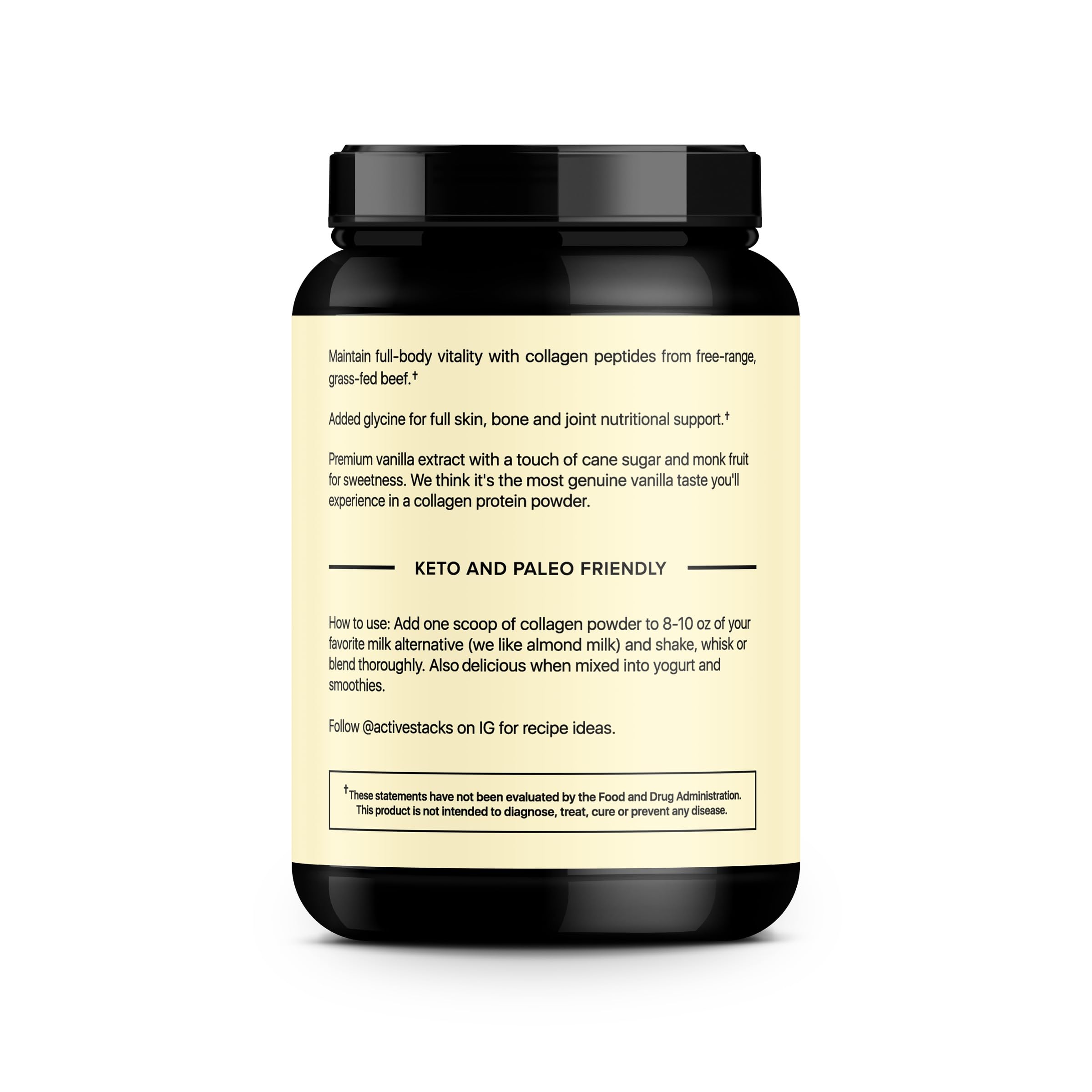 Active Stacks Collagen Vanilla mixing in milk to boost flavor and recovery.