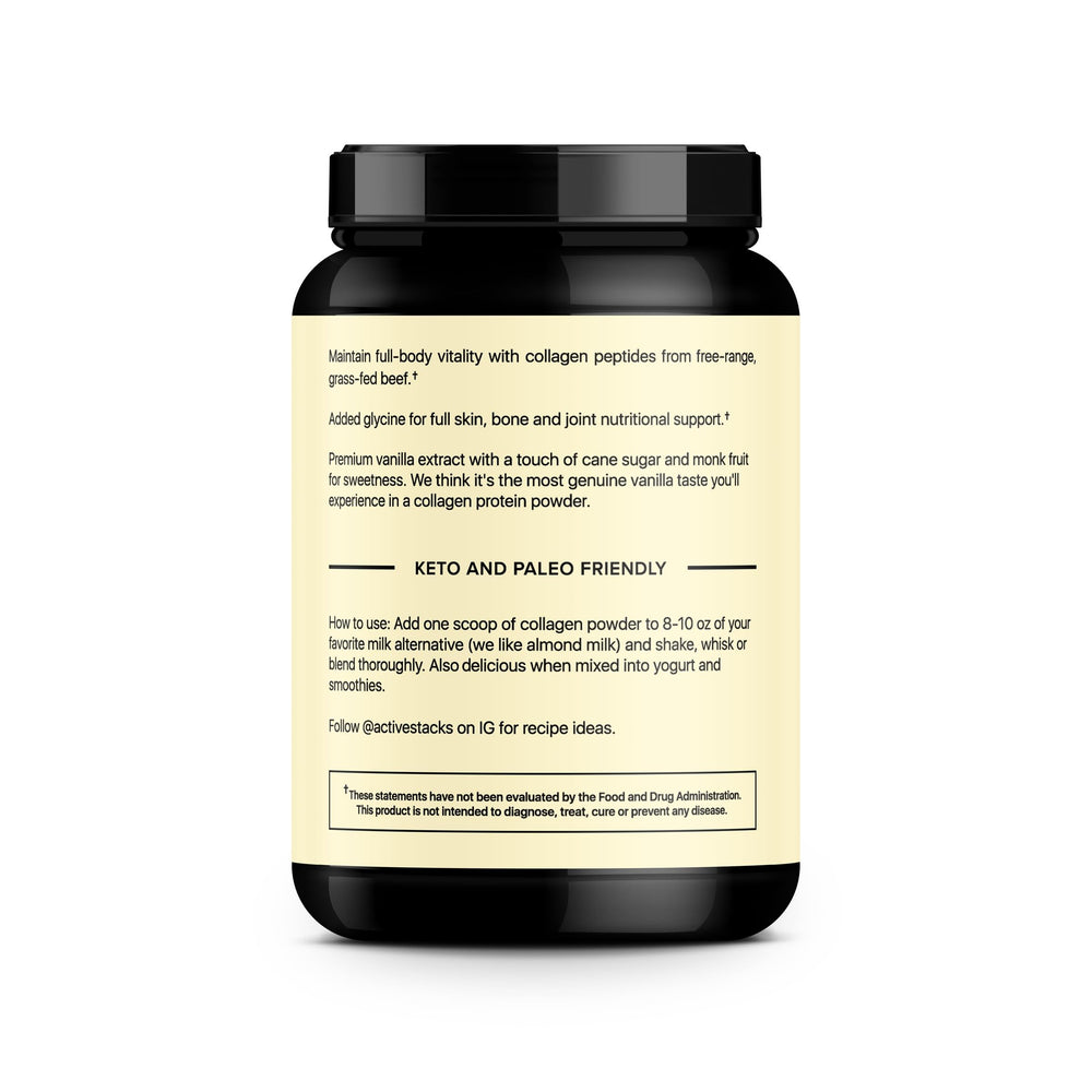Active Stacks Collagen Vanilla mixing in milk to boost flavor and recovery.