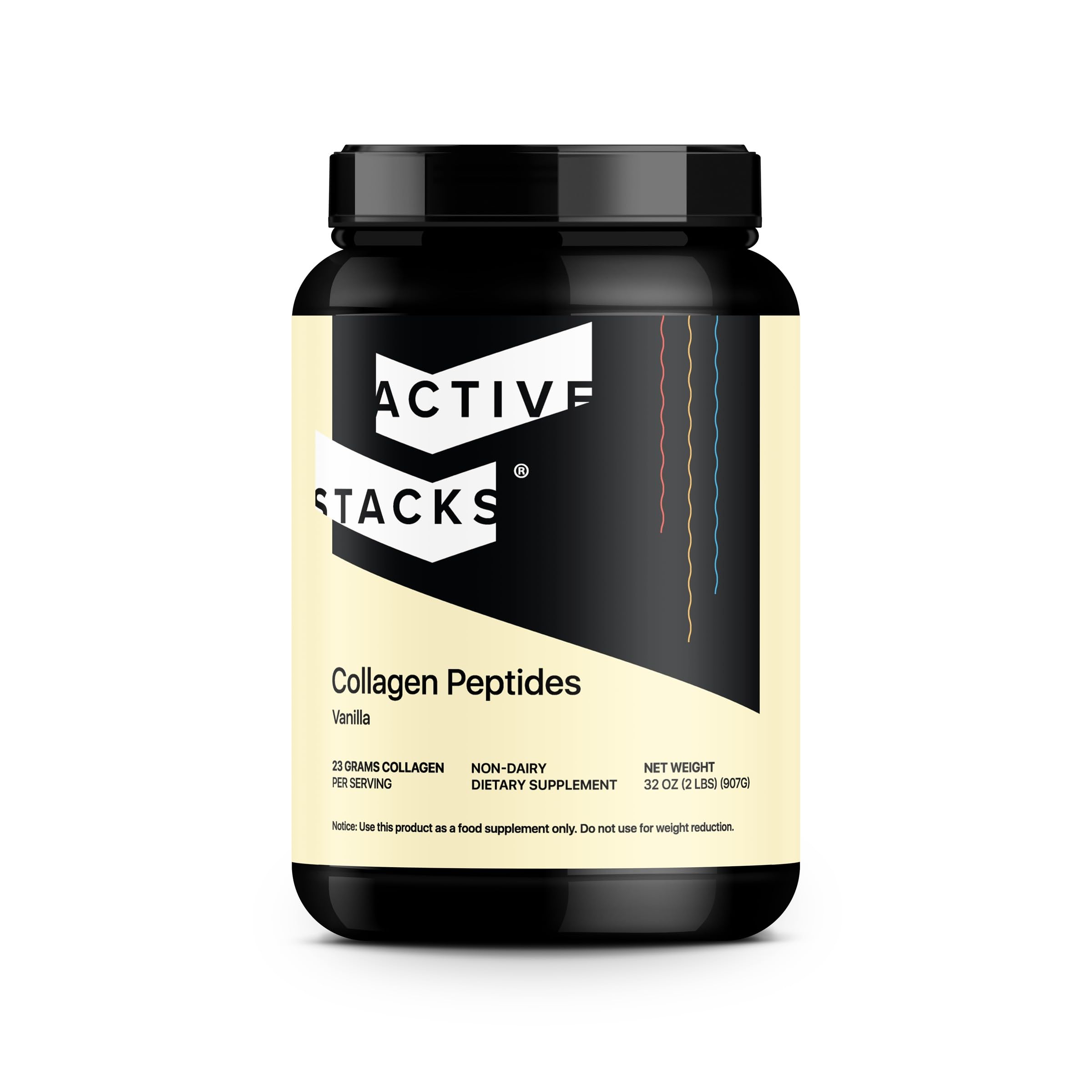 Active Stacks Collagen Vanilla powder in a jar for daily protein and skin support.