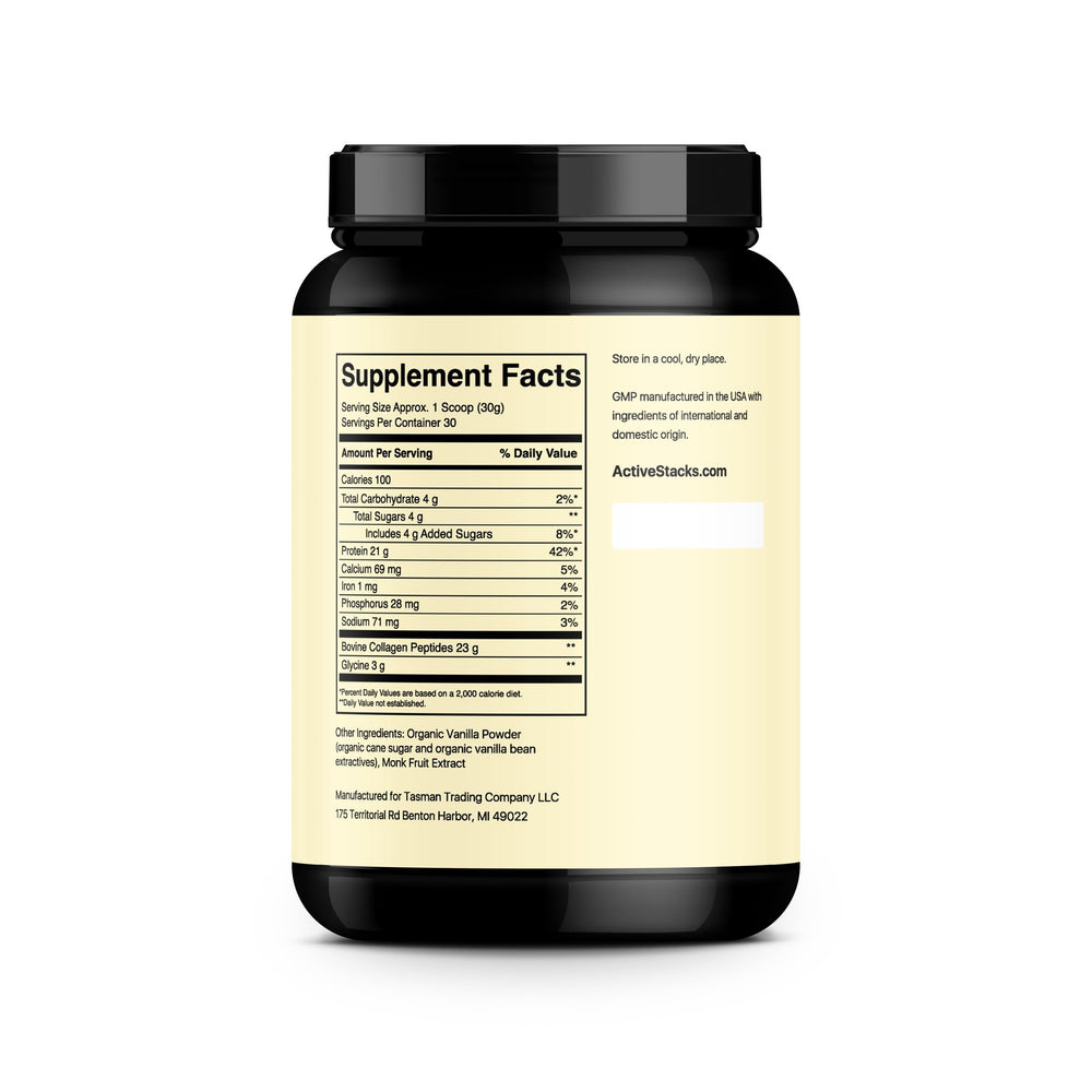 Active Stacks Collagen Vanilla in a shaker bottle for quick pre or post workout mix.