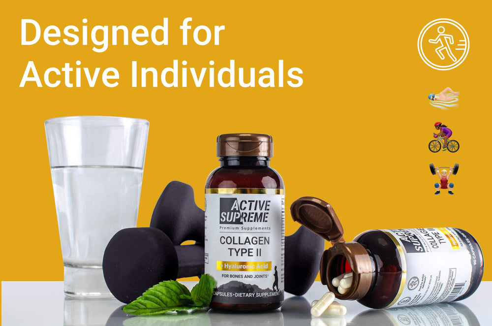 Active Supreme Type 2 Collagen label close-up shows purity and ingredients