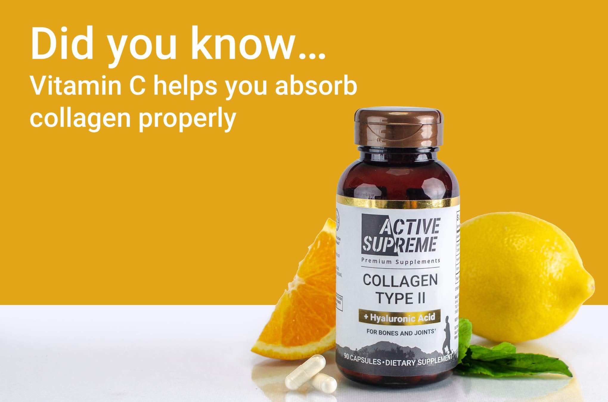 Active Supreme Type 2 Collagen bottle with vitamin C and hyaluronic acid visuals