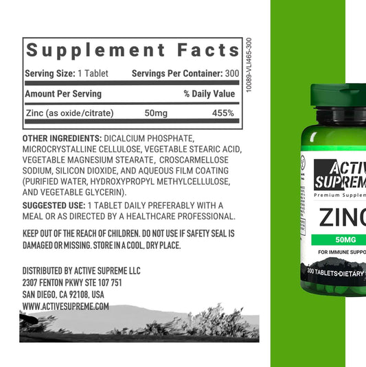 Active Supreme Zinc Citrate bottle back showing dosage details for safe daily use