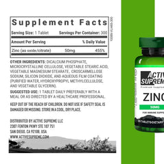 Active Supreme Zinc Citrate bottle back showing dosage details for safe daily use