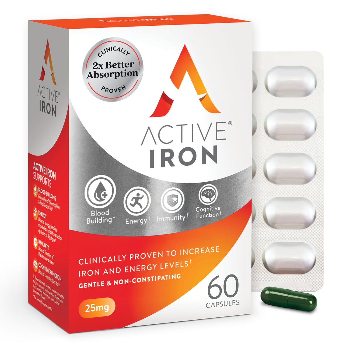 Active Iron bottle close-up showing gentle absorption and 60 capsules.