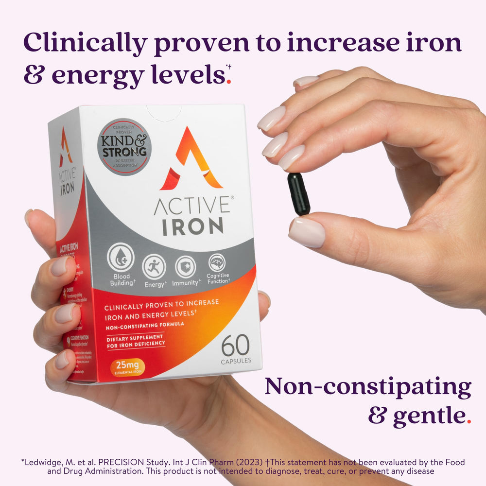 Active Iron capsules being poured for easy daily supplementation.