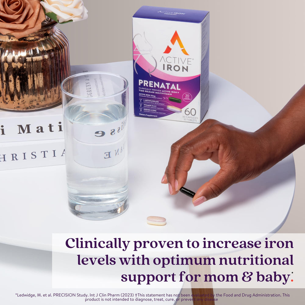 Active Iron Prenatal capsule close-up showing time-release design for steady energy.