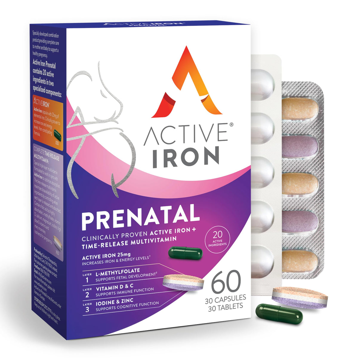 Active Iron Prenatal bottle front view highlighting a gentle iron formula for moms-to-be.