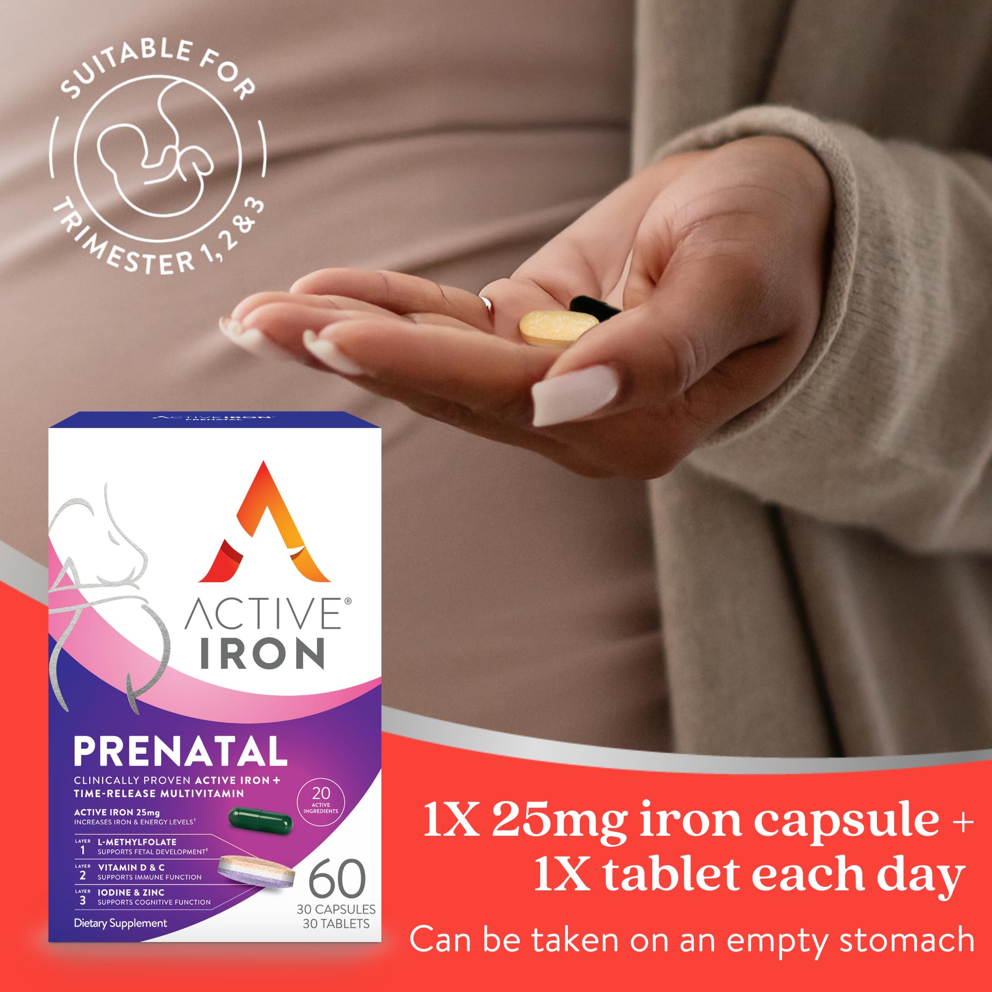Active Iron Prenatal time-release layer graphic illustrating gradual nutrient release.