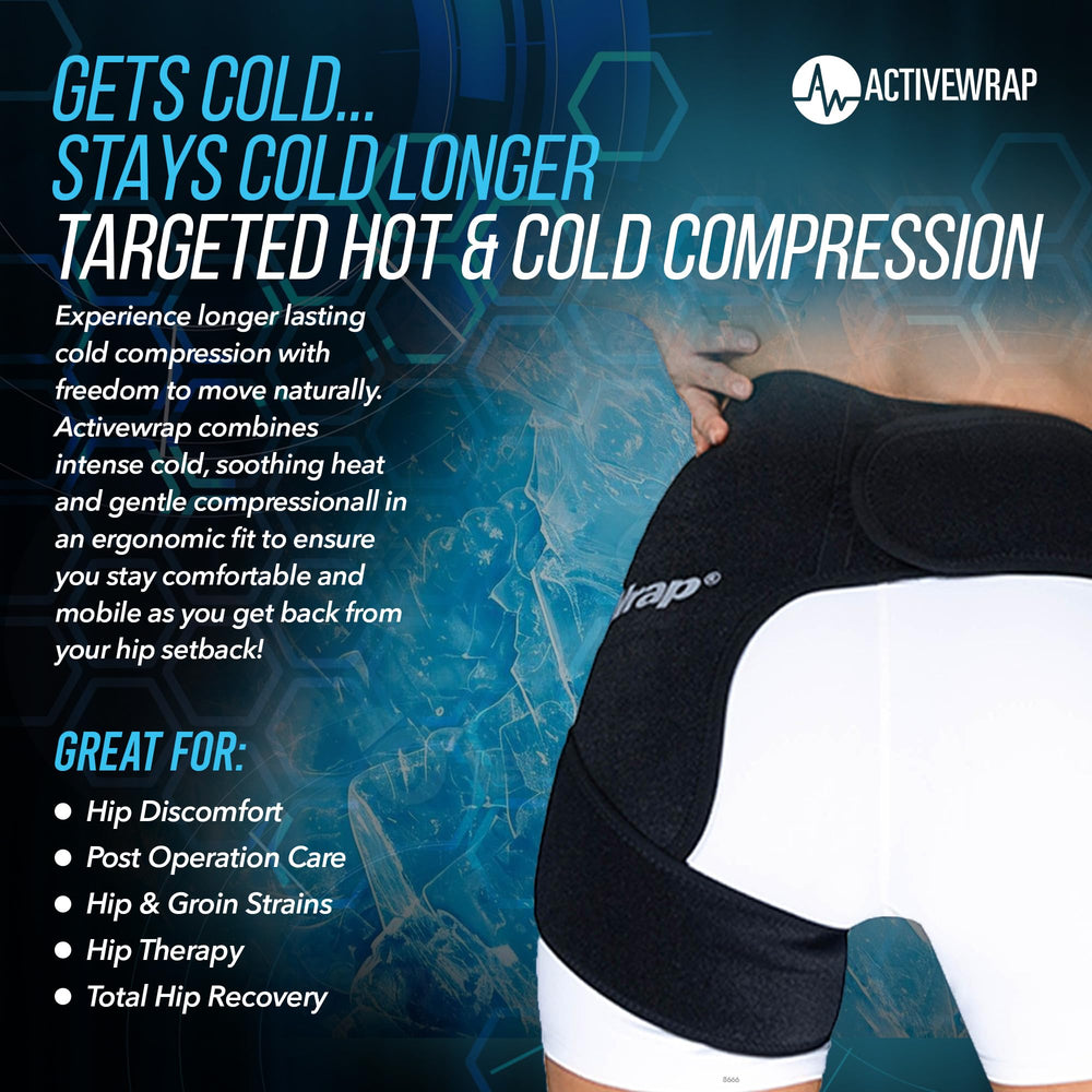 ActiveWrap hip wrap shows 10x10 gel pack for flexible cold or hot therapy.