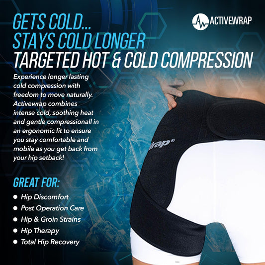 ActiveWrap hip wrap shows 10x10 gel pack for flexible cold or hot therapy.