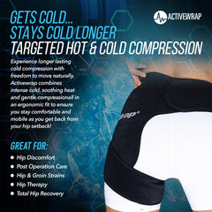ActiveWrap hip wrap shows 10x10 gel pack for flexible cold or hot therapy.