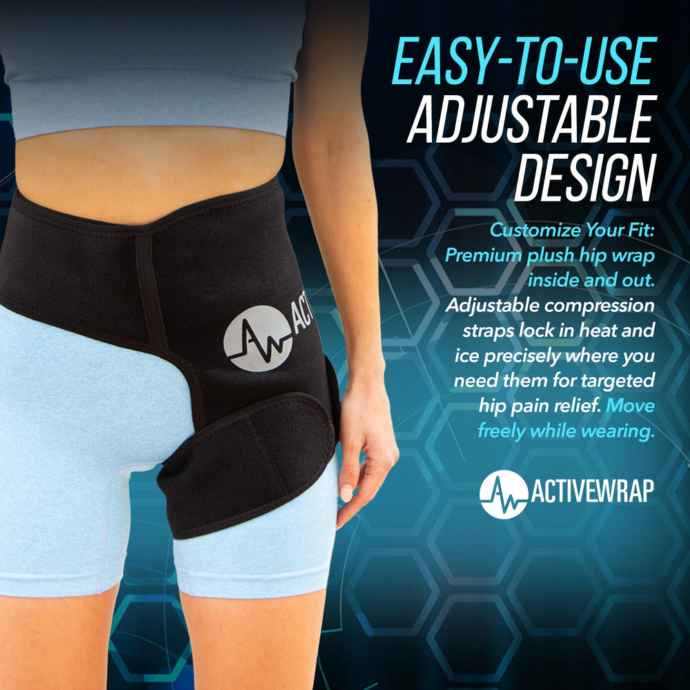 ActiveWrap hip wrap with secure straps stays in place during movement.
