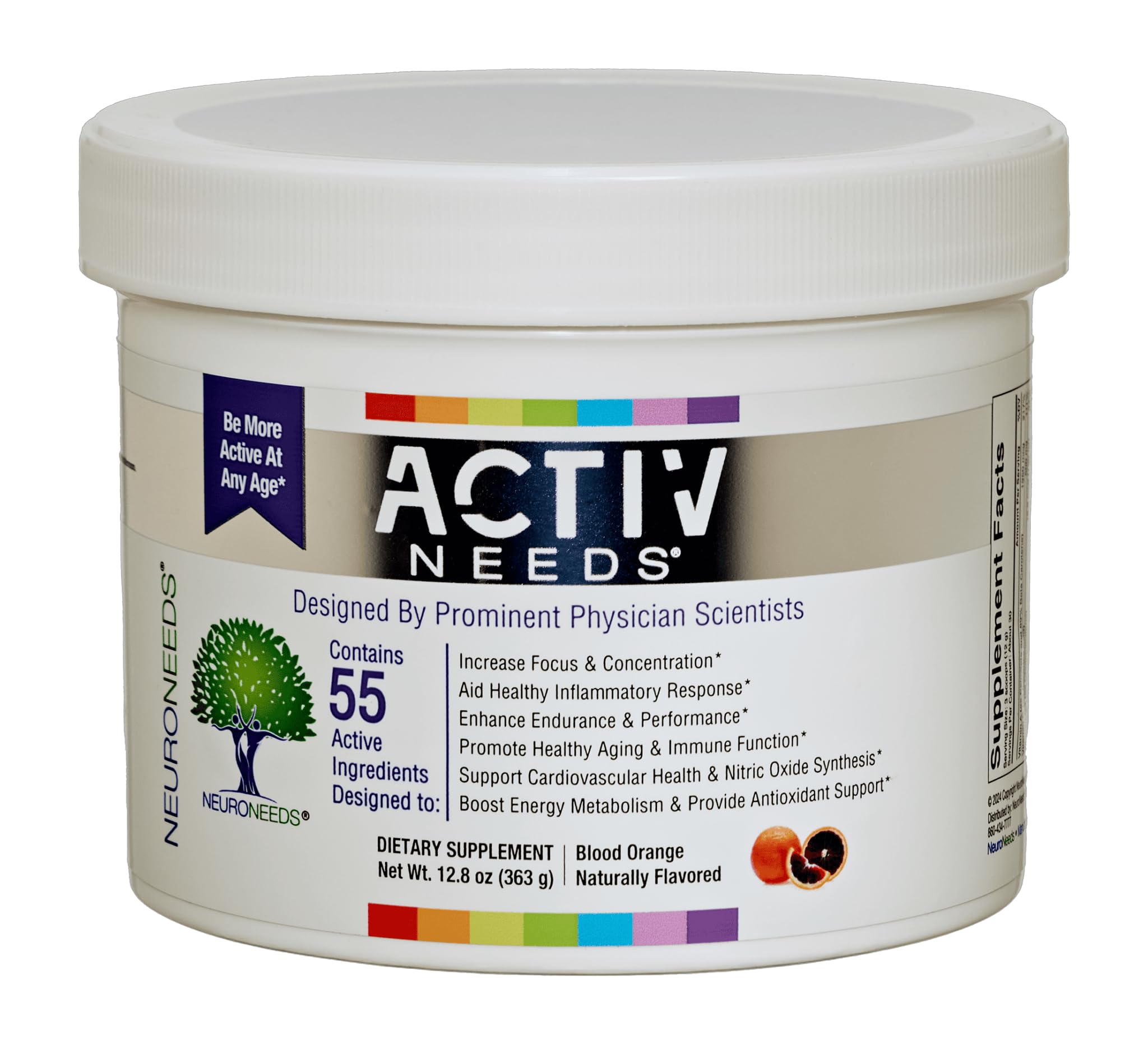 ActivNeeds bottle and scoop show the blood orange flavor for clean energy