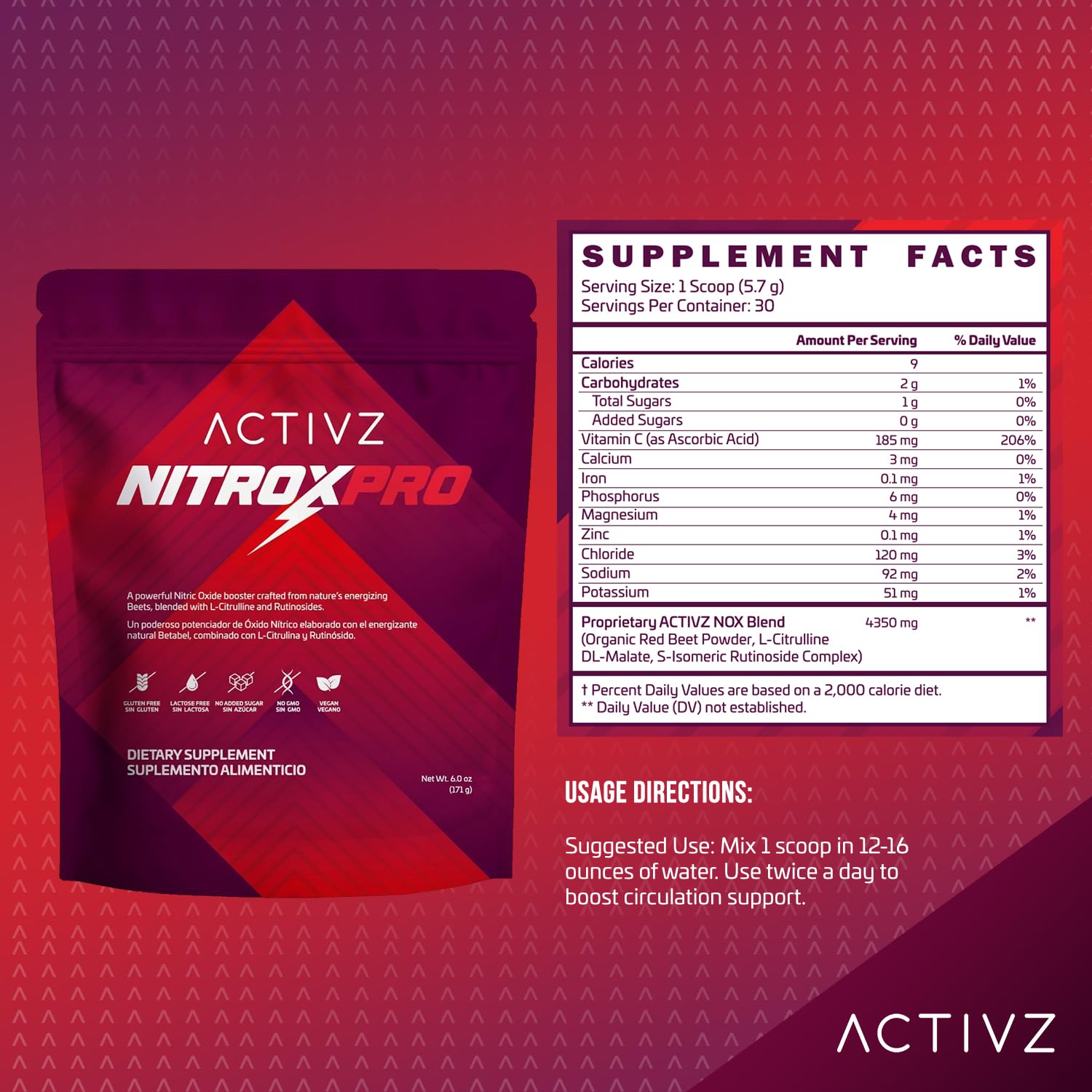 ACTIVZ NitroxPro label close-up showing ingredients like beets and L-Citrulline