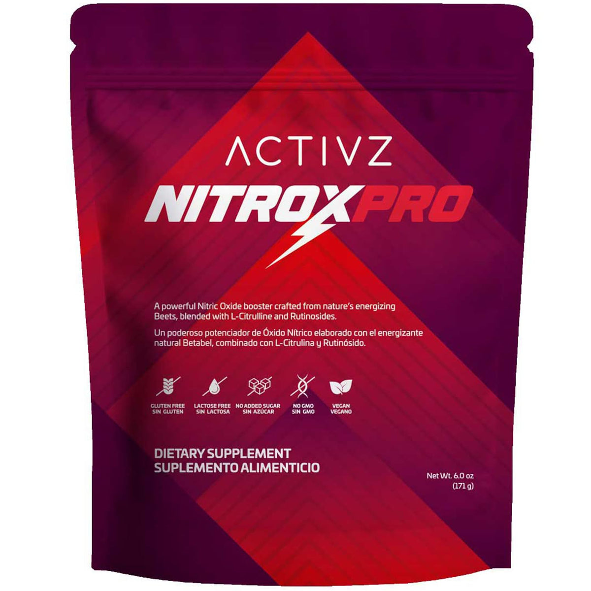 ACTIVZ NitroxPro tub front highlighting beet-based formula for potential nitric oxide support