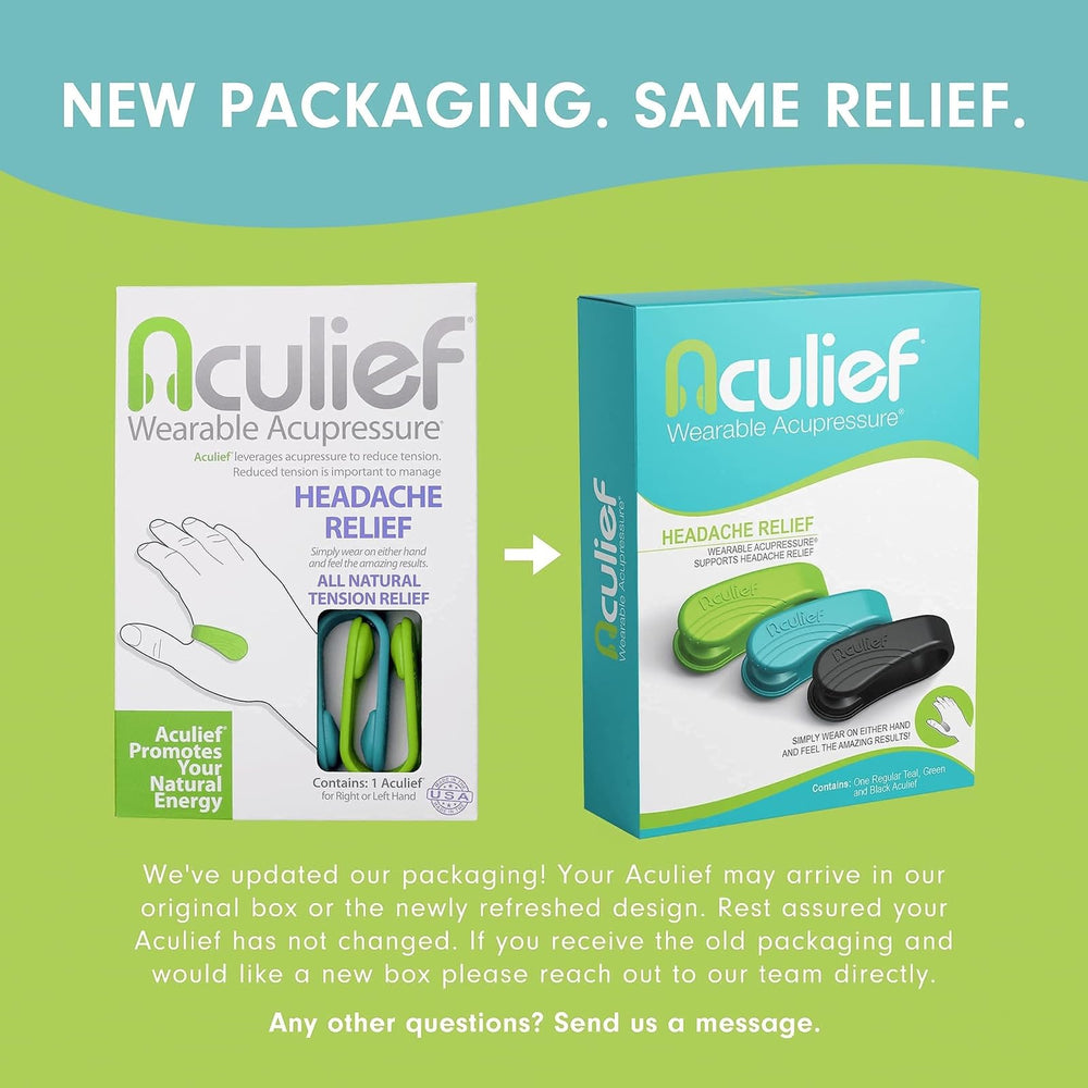 Aculief hand clip worn for convenient on-the-go relaxation and stress management.