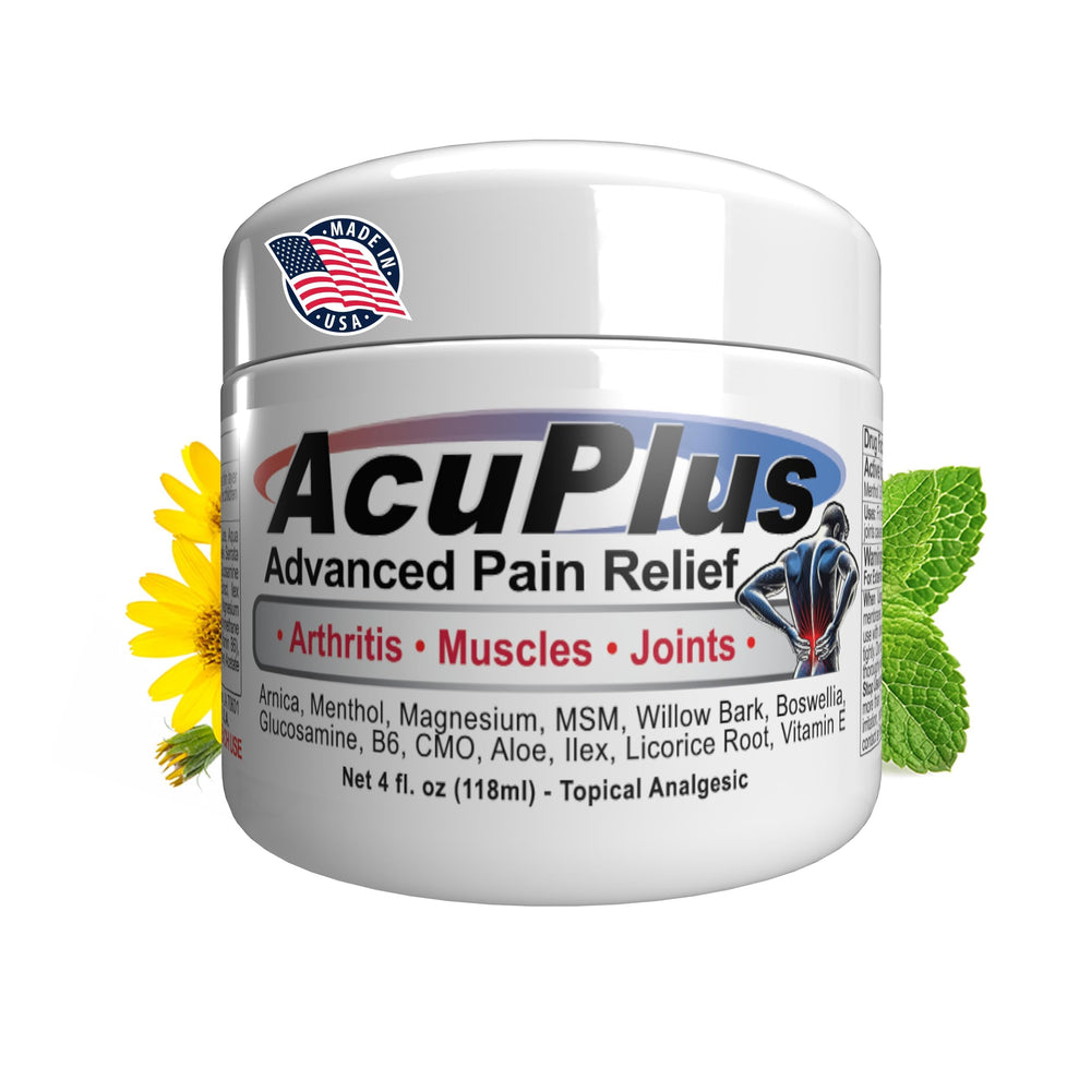 AcuPlus Advanced Pain Relief Cream packaging shown for easy at-home use
