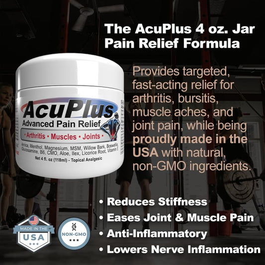 AcuPlus Pain Relief Cream label closeup showing quality
