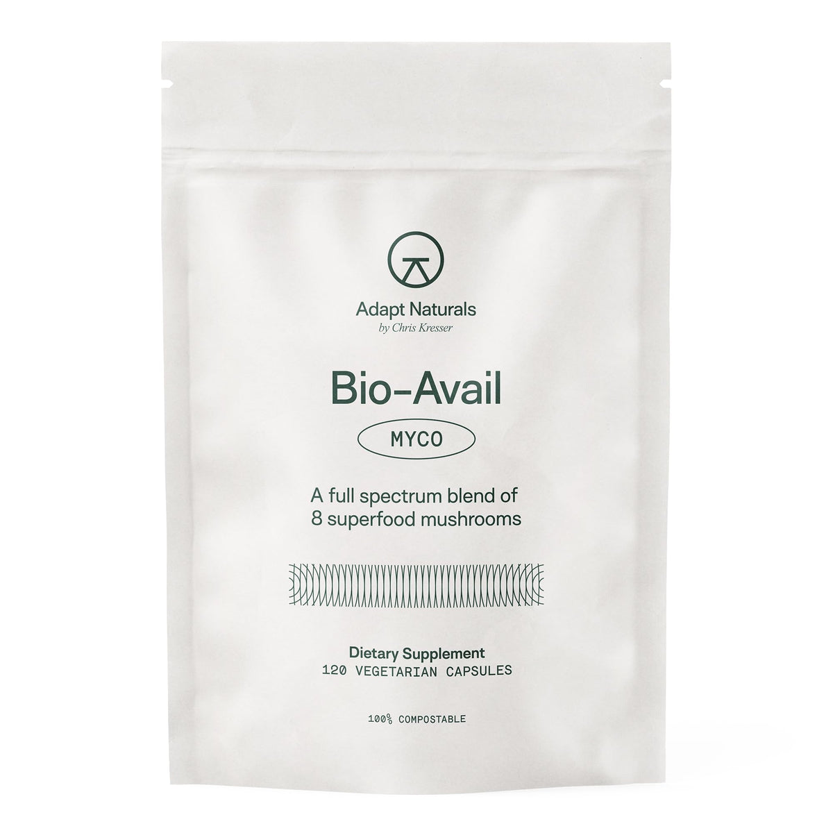Adapt Naturals Bio-Avail Myco bottle front view showing eight-mushroom blend for daily energy.