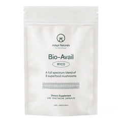 Adapt Naturals Bio-Avail Myco bottle front view showing eight-mushroom blend for daily energy.