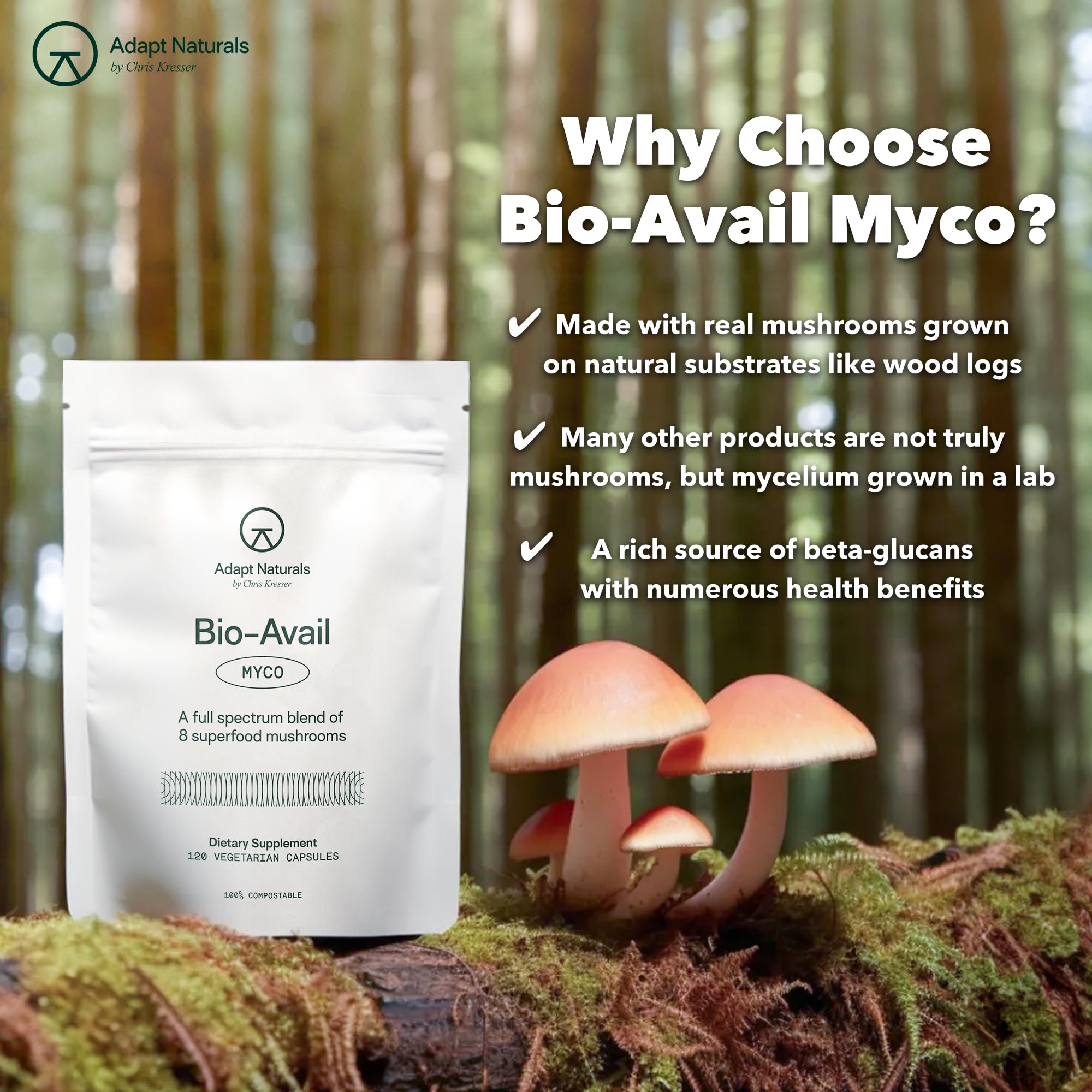 Adapt Naturals Bio-Avail Myco label close-up emphasizing natural-substrate cultivation.