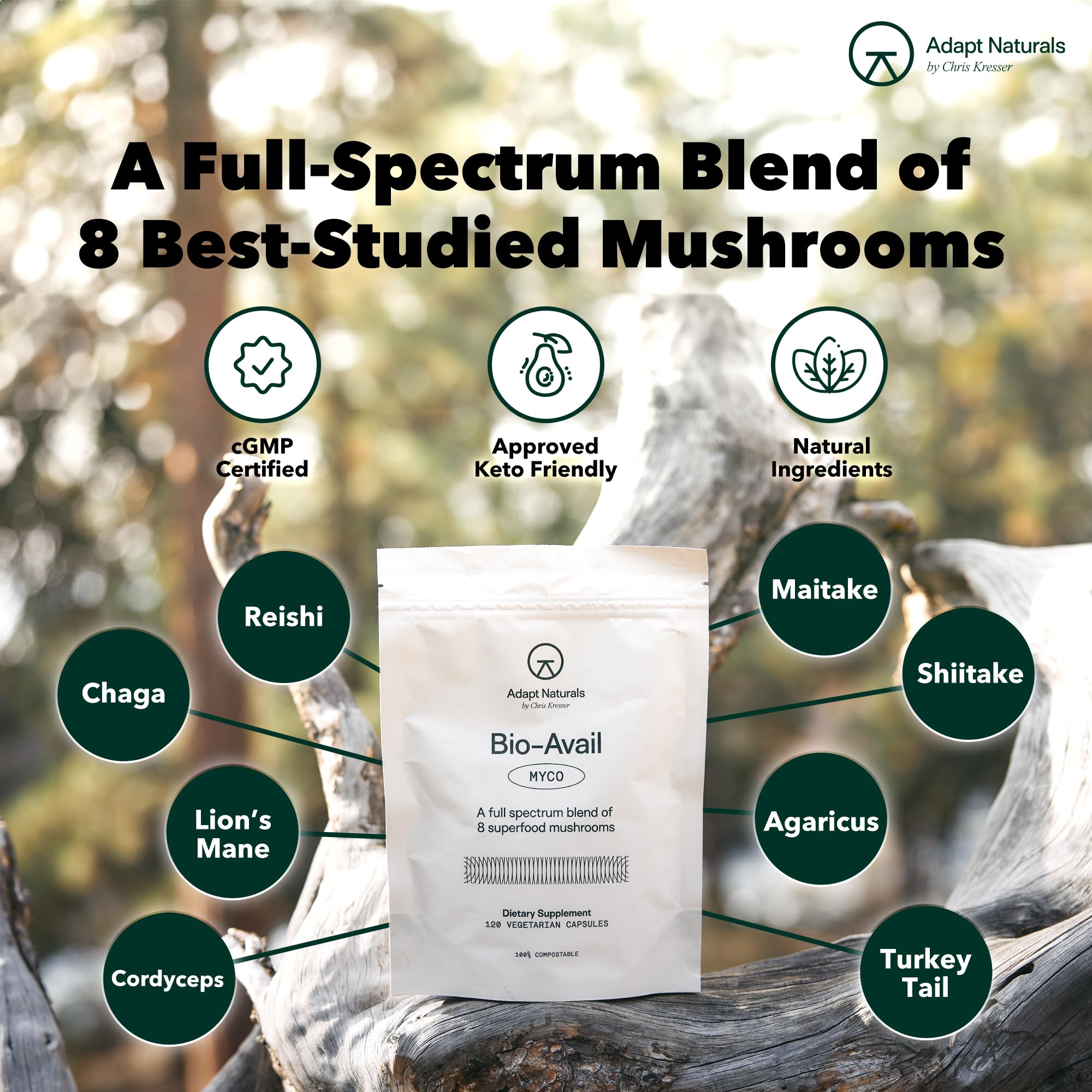 Adapt Naturals Bio-Avail Myco mushroom blend featuring chaga and reishi for immune-support potential.