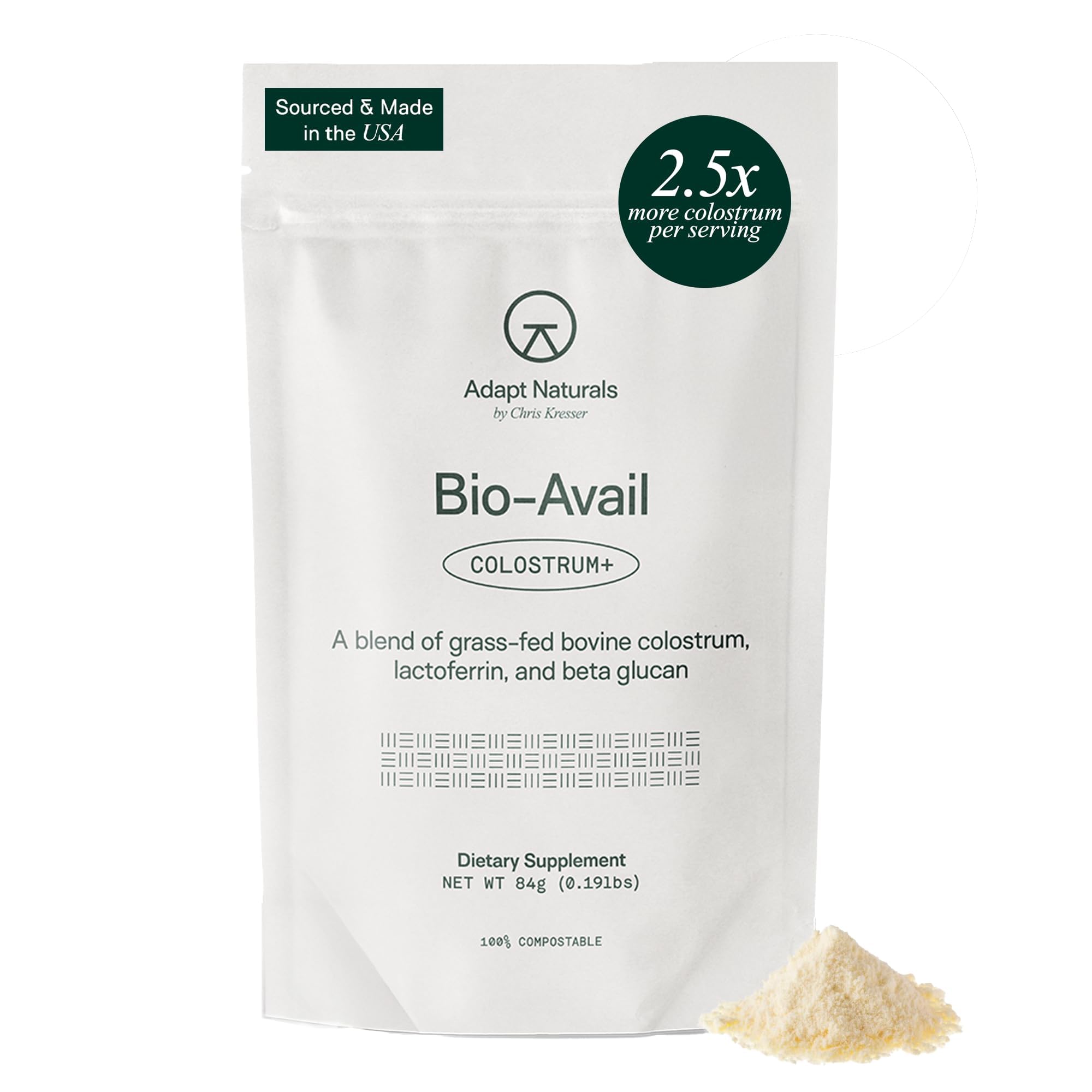 Adapt Naturals Colostrum bottle on counter suggesting reliable gut support options