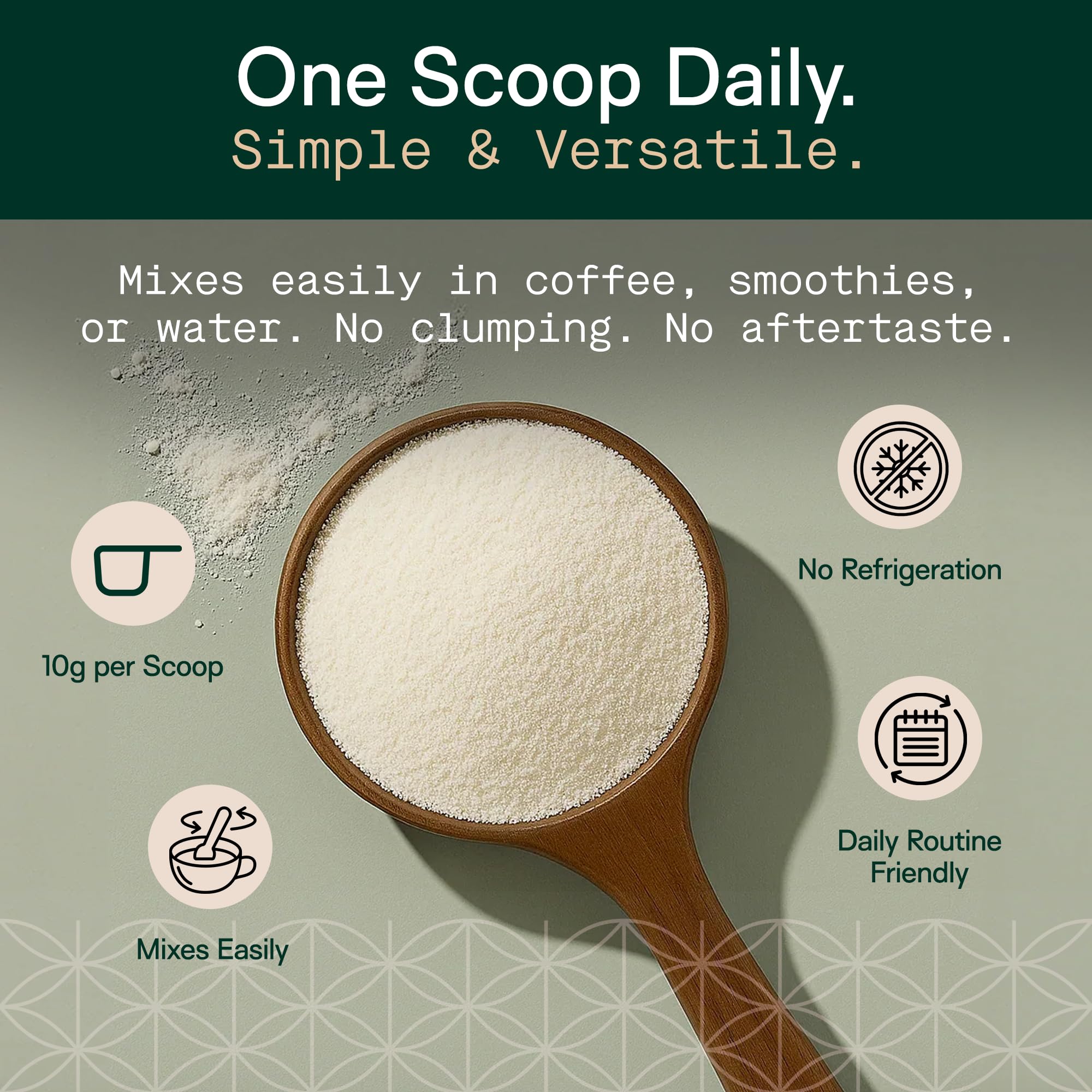 Adapt Naturals Collagen+ scoop on table suggesting stronger hair and nails