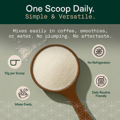 Adapt Naturals Collagen+ scoop on table suggesting stronger hair and nails