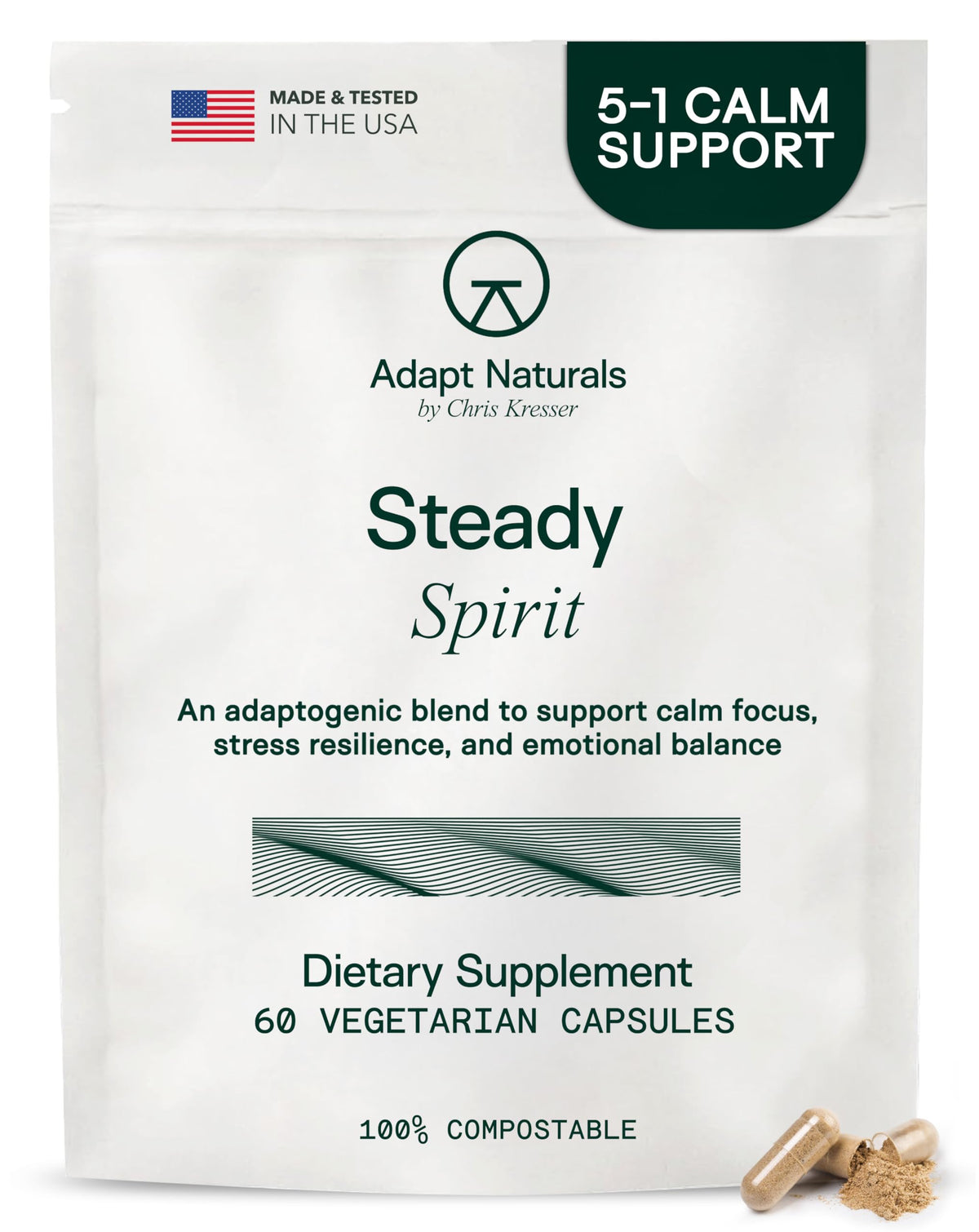 Adapt Naturals Steady Spirit bottle-front promotes calm focus for busy days