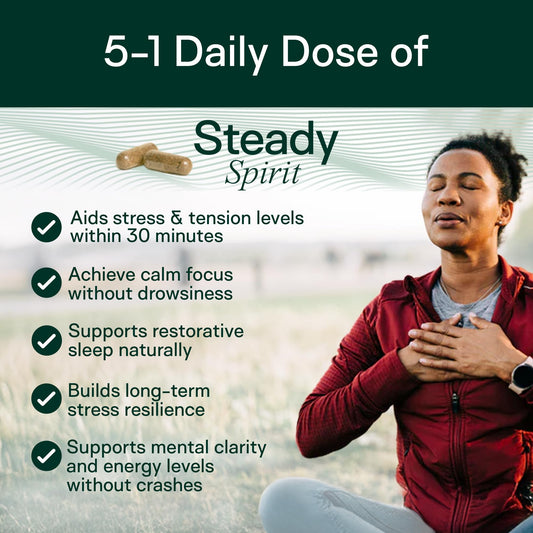 Close-up of Steady Spirit capsules highlighting natural stress-support ingredients