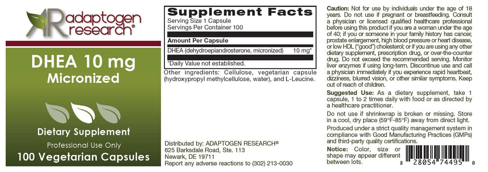 Adaptogen Research DHEA capsules closeup showing small easy-to swallow pills for metabolism and energy support.