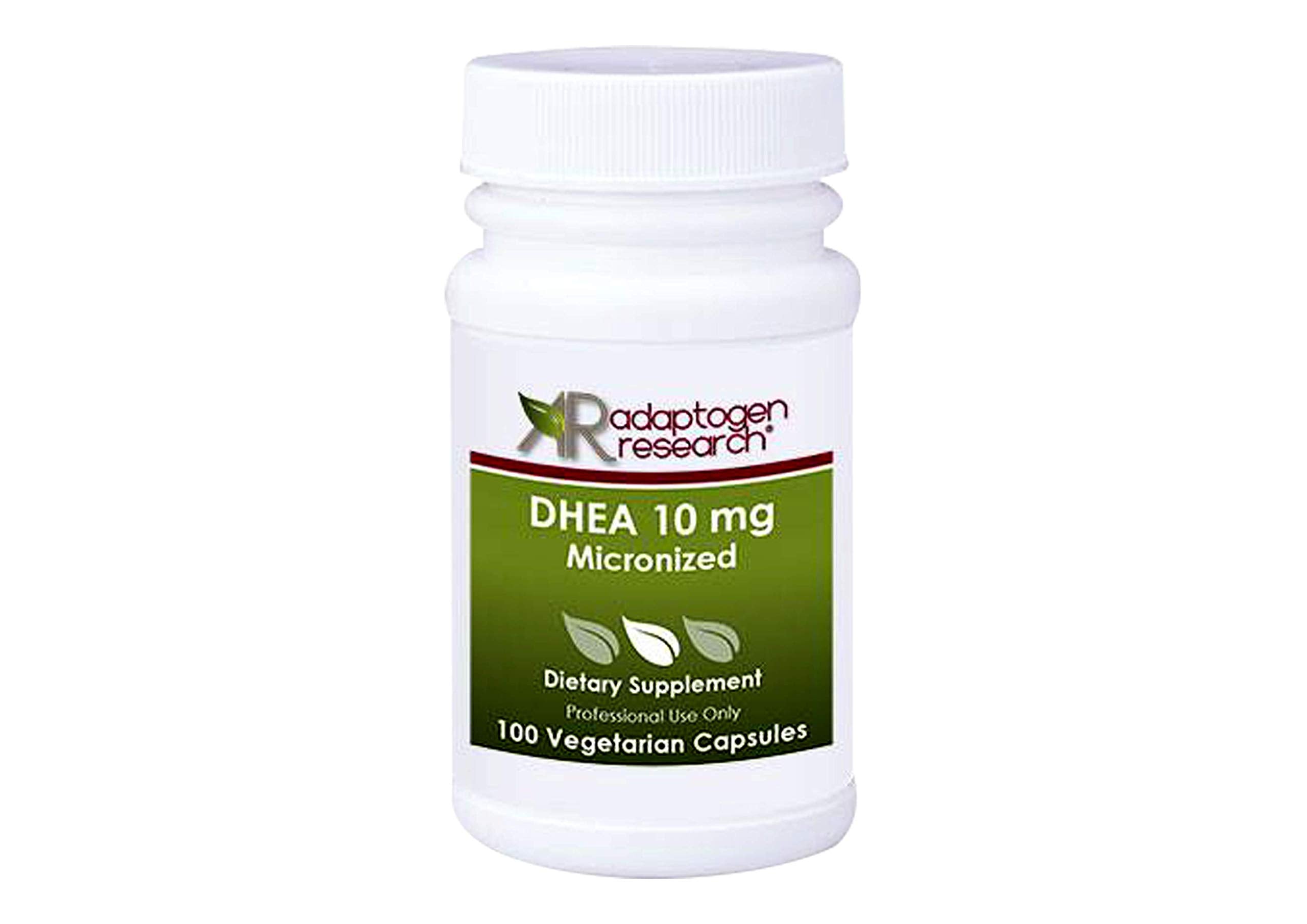Adaptogen Research DHEA micronized bottle highlights fast absorbing capsules for daily immune and brain support.