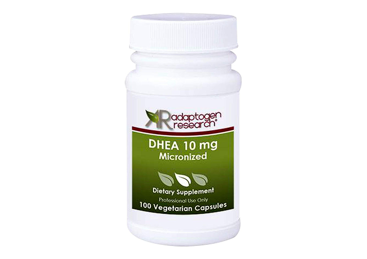 Adaptogen Research DHEA micronized bottle highlights fast absorbing capsules for daily immune and brain support.