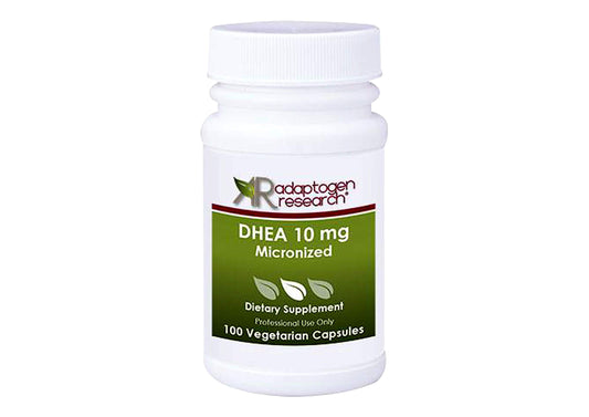Adaptogen Research DHEA micronized bottle highlights fast absorbing capsules for daily immune and brain support.