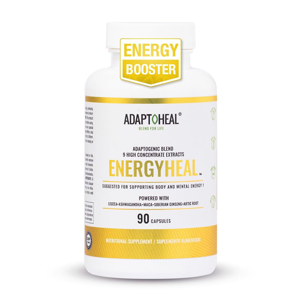 ADAPTOHEAL Energyheal bottle pour shows non-caffeine energy support for daily resilience