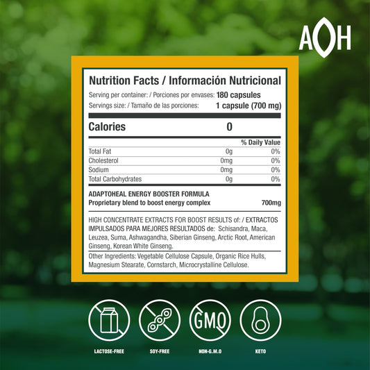 ADAPTOHEAL Energyheal capsules close-up, suggesting consistent daily energy support