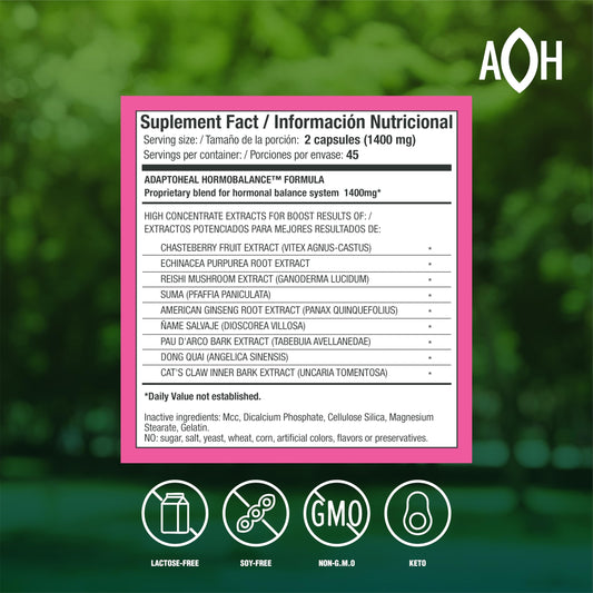 ADAPTOHEAL Hormobalance capsules are vegan and allergen-free for daily hormone support.