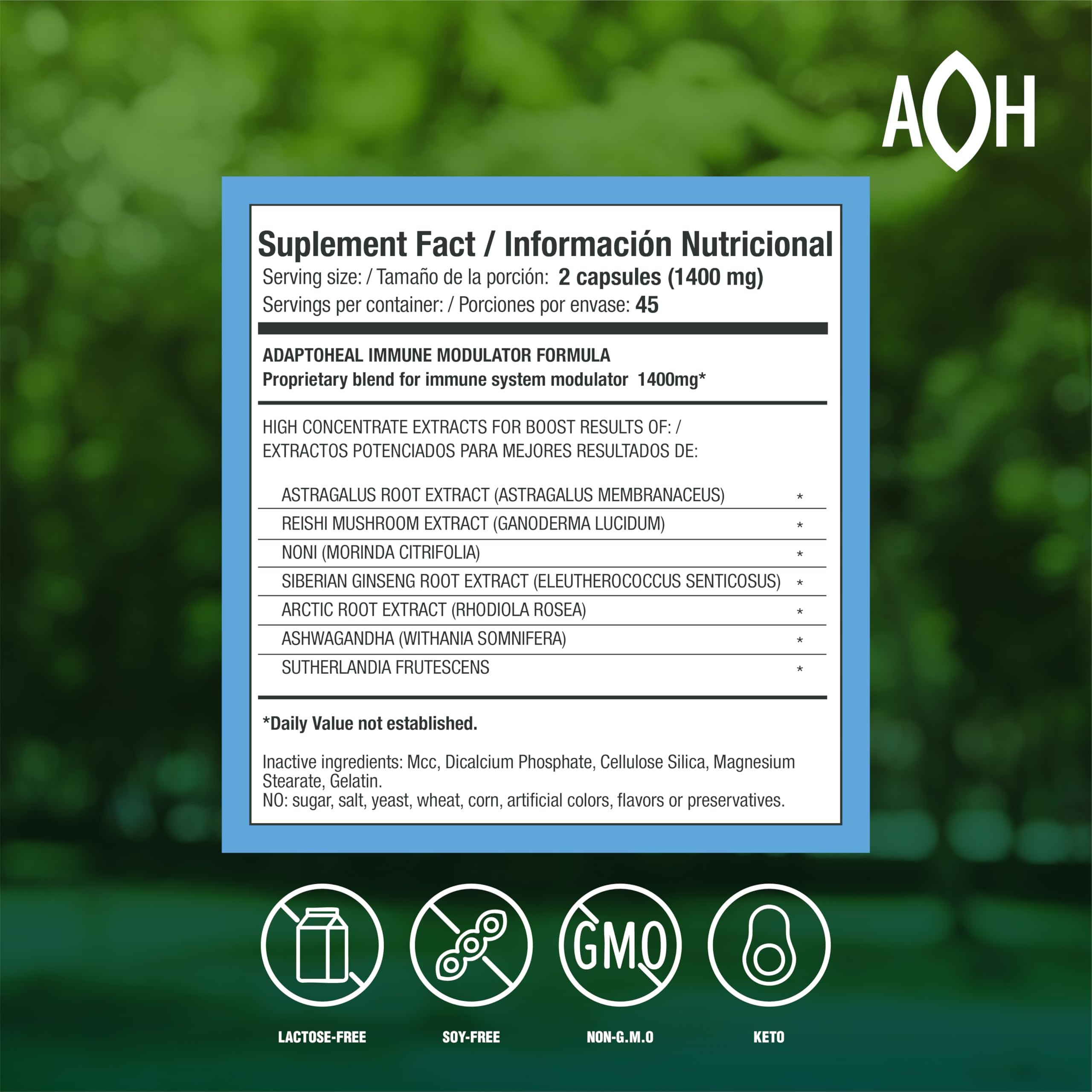 ADAPTOHEAL Immodulator bottle side label shows ginseng, ashwagandha, and reishi.