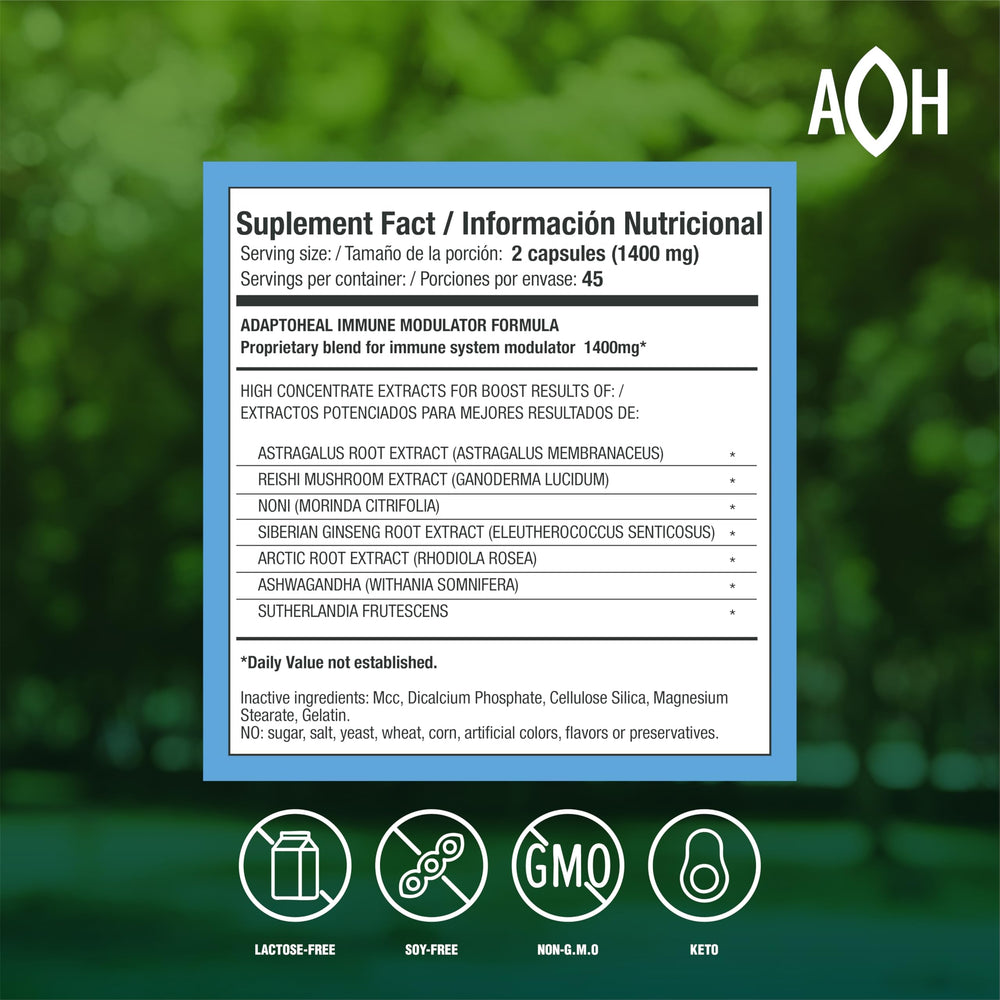 ADAPTOHEAL Immodulator bottle side label shows ginseng, ashwagandha, and reishi.