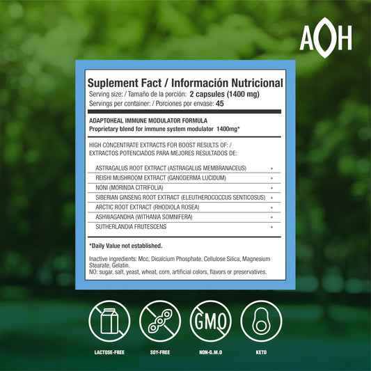 ADAPTOHEAL Immodulator bottle side label shows ginseng, ashwagandha, and reishi.