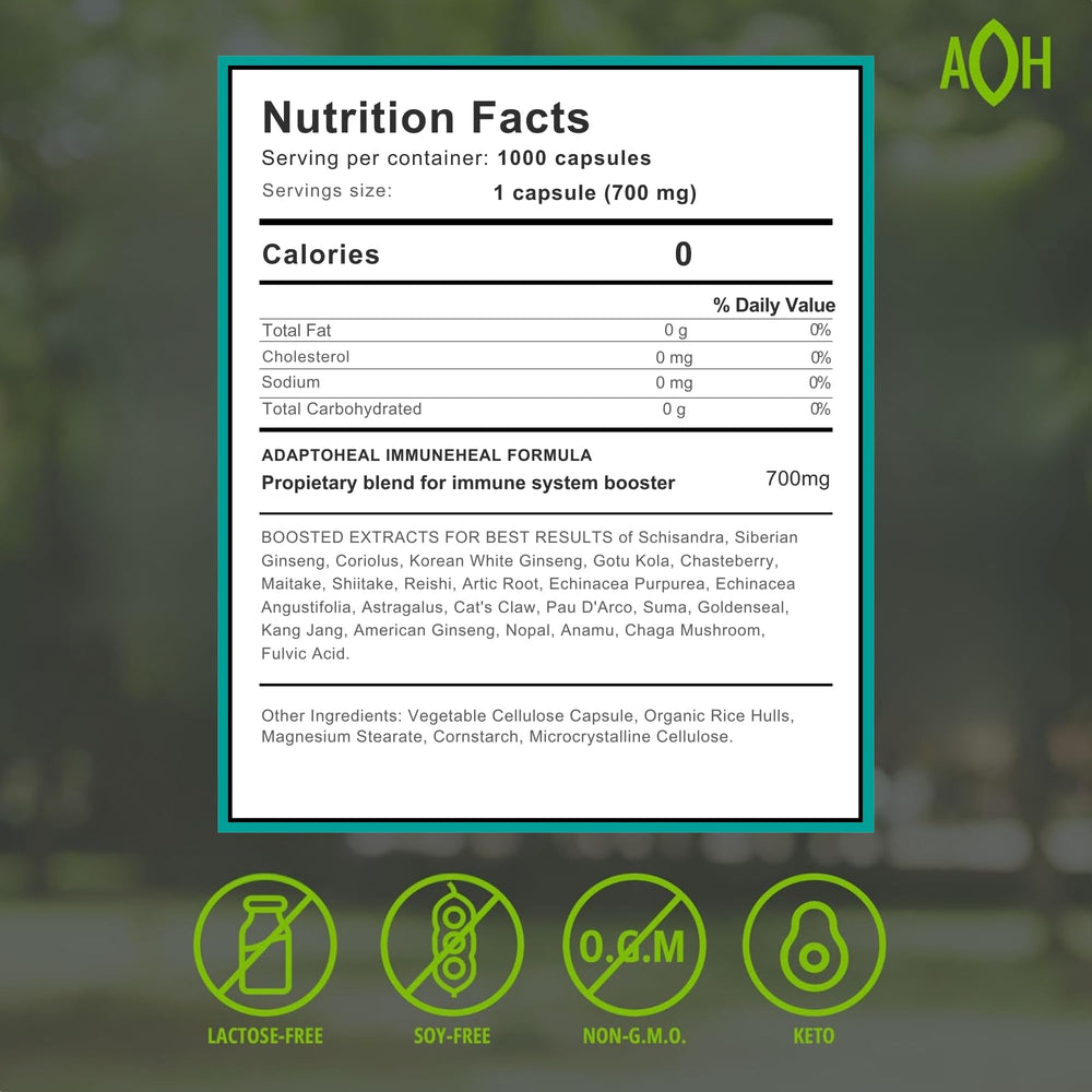 ADAPTOHEAL Immuneheal bottle side shows dosage guidance for easy use