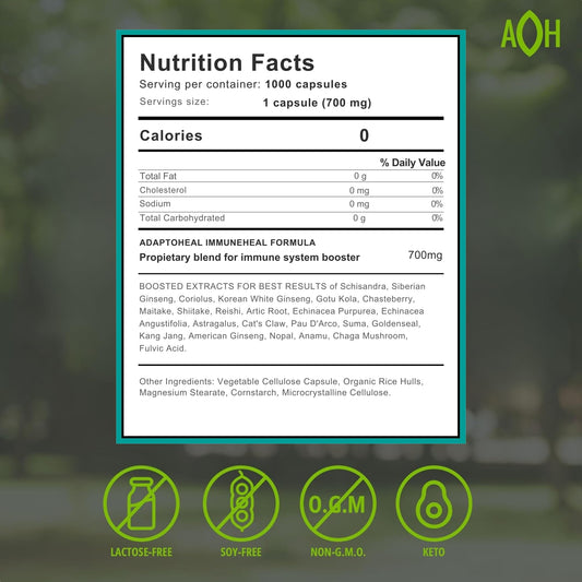 ADAPTOHEAL Immuneheal bottle side shows dosage guidance for easy use